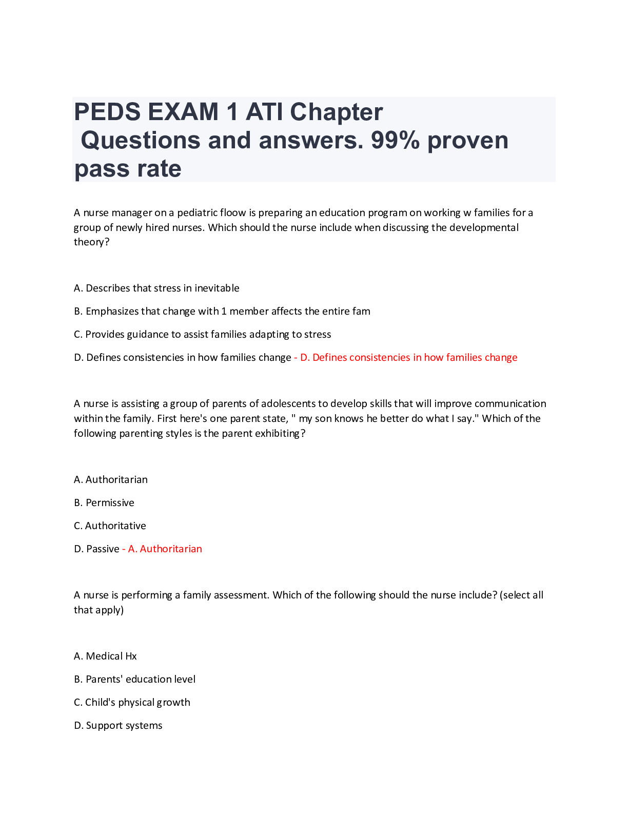 Preview image for PEDS EXAM 1 ATI Chapter Questions and answers. 99% proven pass rate